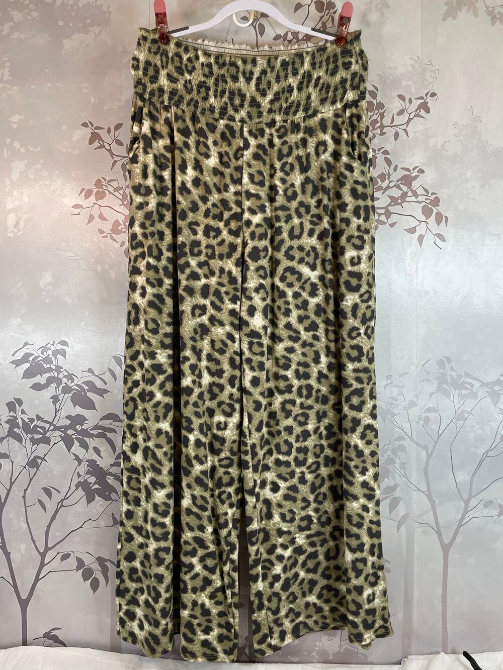 Zenana 3X Olive Green Leopard Print Smocked High Waist Wide Leg Lounge Pants